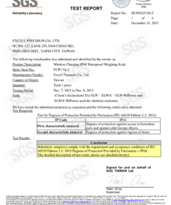 Giấy chứng nhận đạt chuẩn IP68 của cân ELW Excell